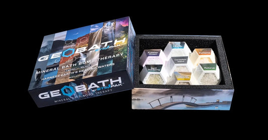 Geobath bath bomb set with packaging on a black background