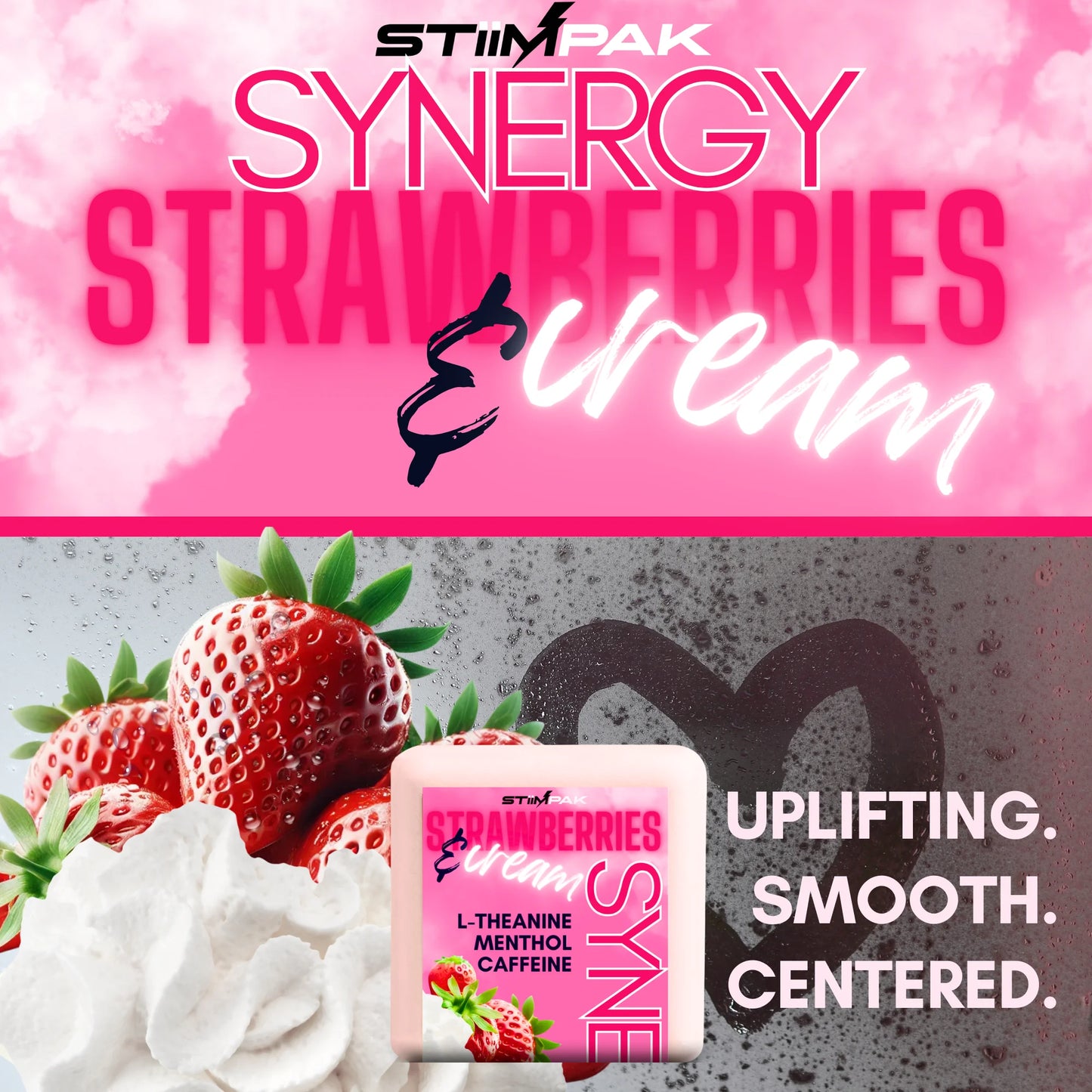 Synergy shower steamer with strawberries and cream on a pink and white background