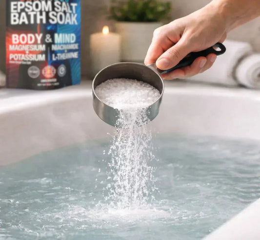 hand holding measuring cup pouring epsom salt into bath water