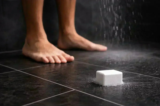 Shower steamer near mans feet on the shower floor
