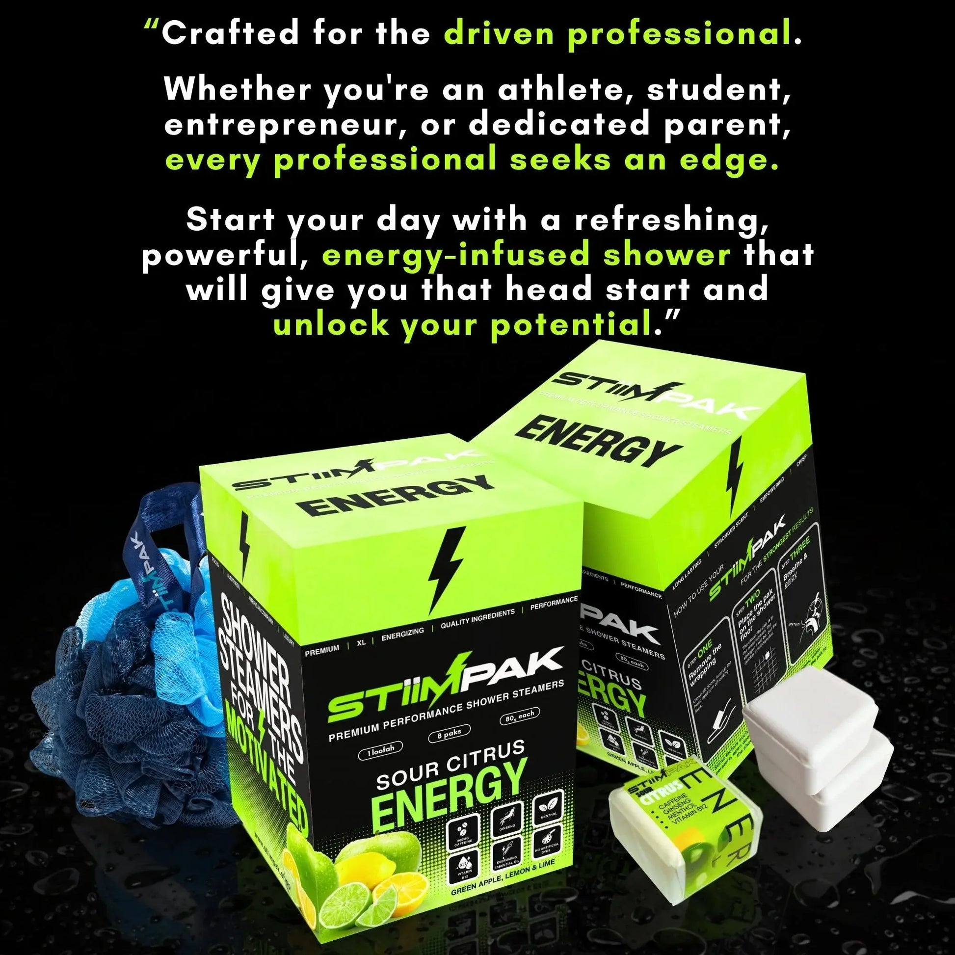 StimPak Energy product packaging with text on a black background