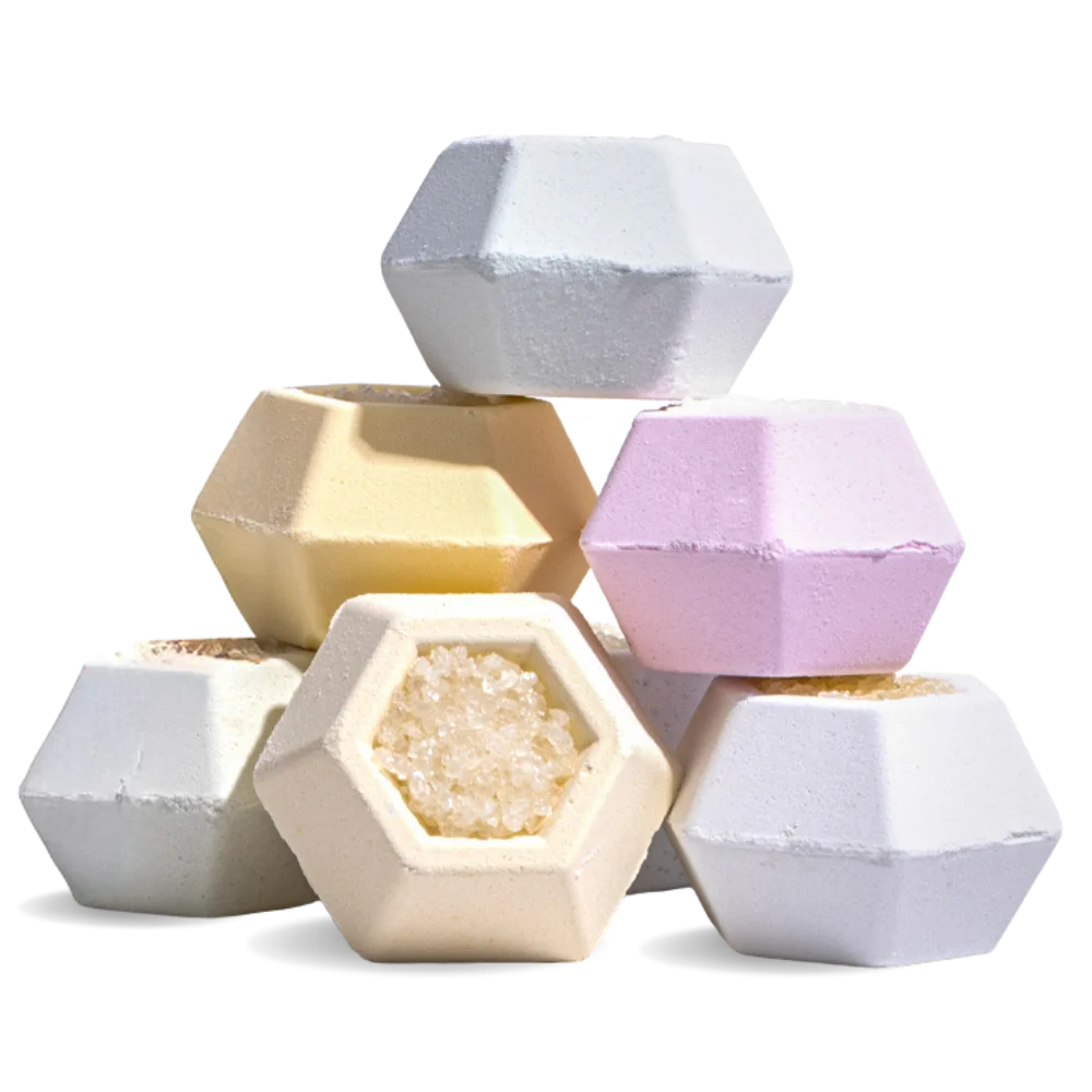 Hexagonal bath bombs in various colors 