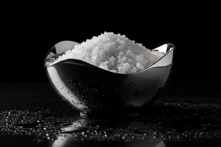 Silver bowl filled with dead sea salt on a black background