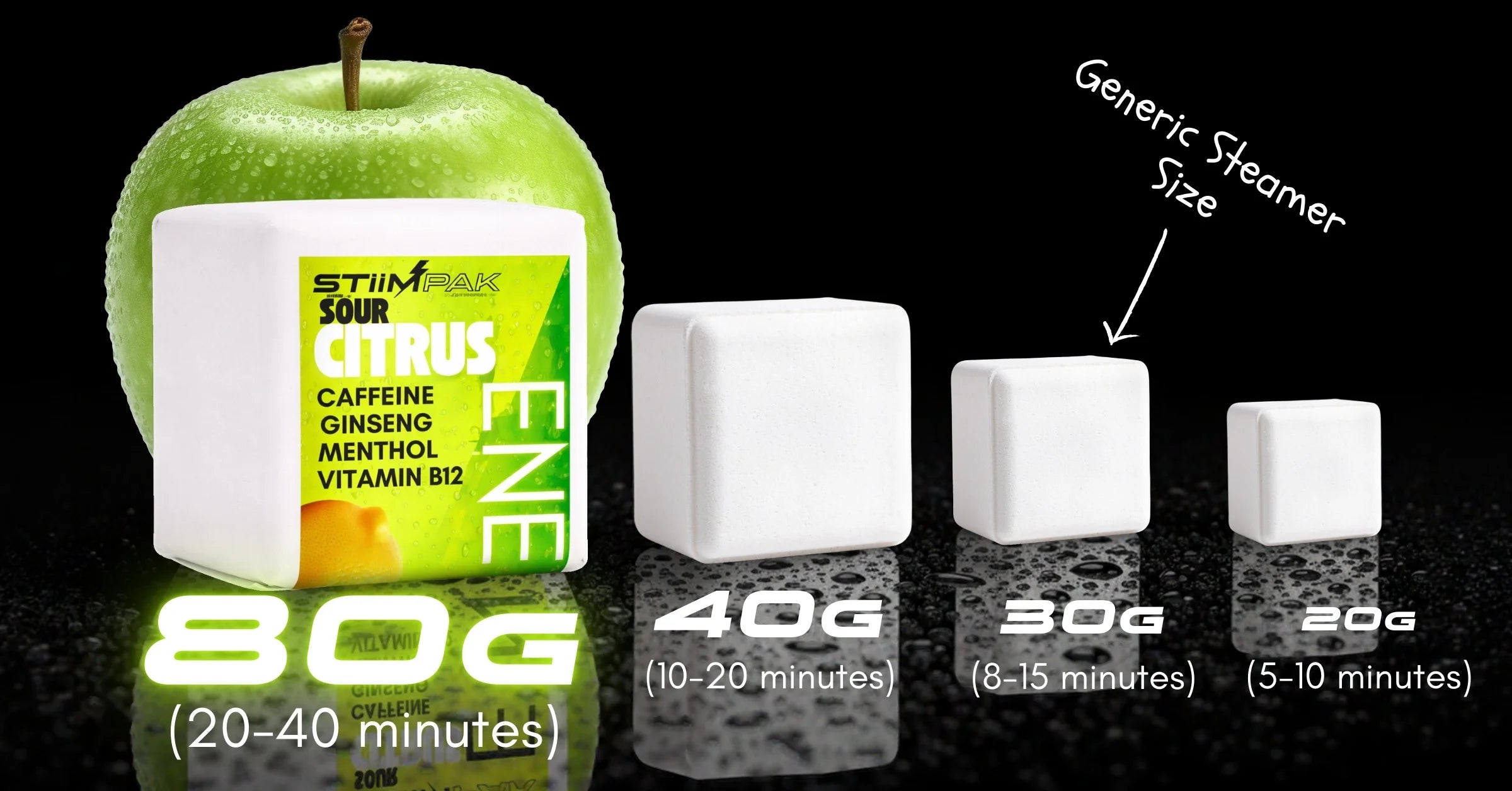 Energy shower steamers on black reflective surface, comparing size to generic steamers