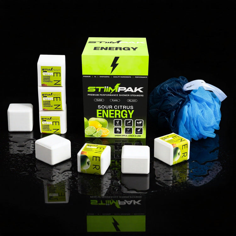 STiiMPAK: ENERGY box display, with shower steamers and loofah
