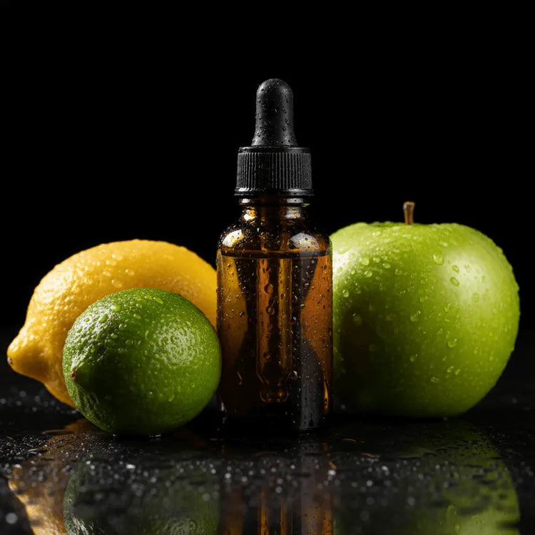 Bottle of liquid with a dropper surrounded by a lemon, lime, and green apple on a reflective surface.