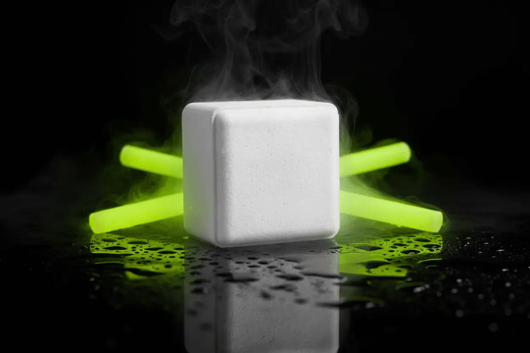 White shower steamer with glowing green sticks on a dark surface
