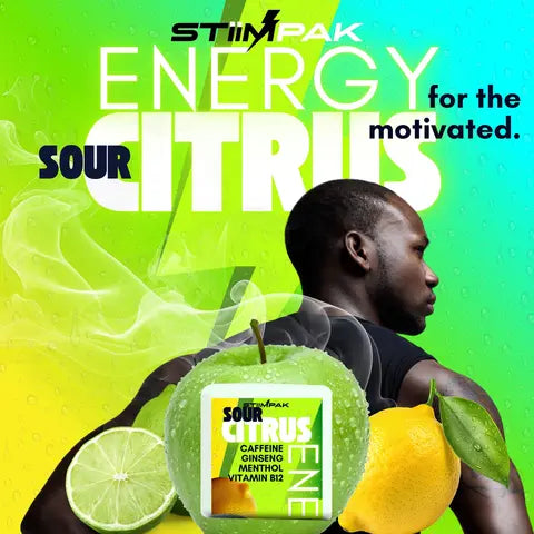StimPak Energy Sour Citrus sticker with a person and citrus fruits on a green background.