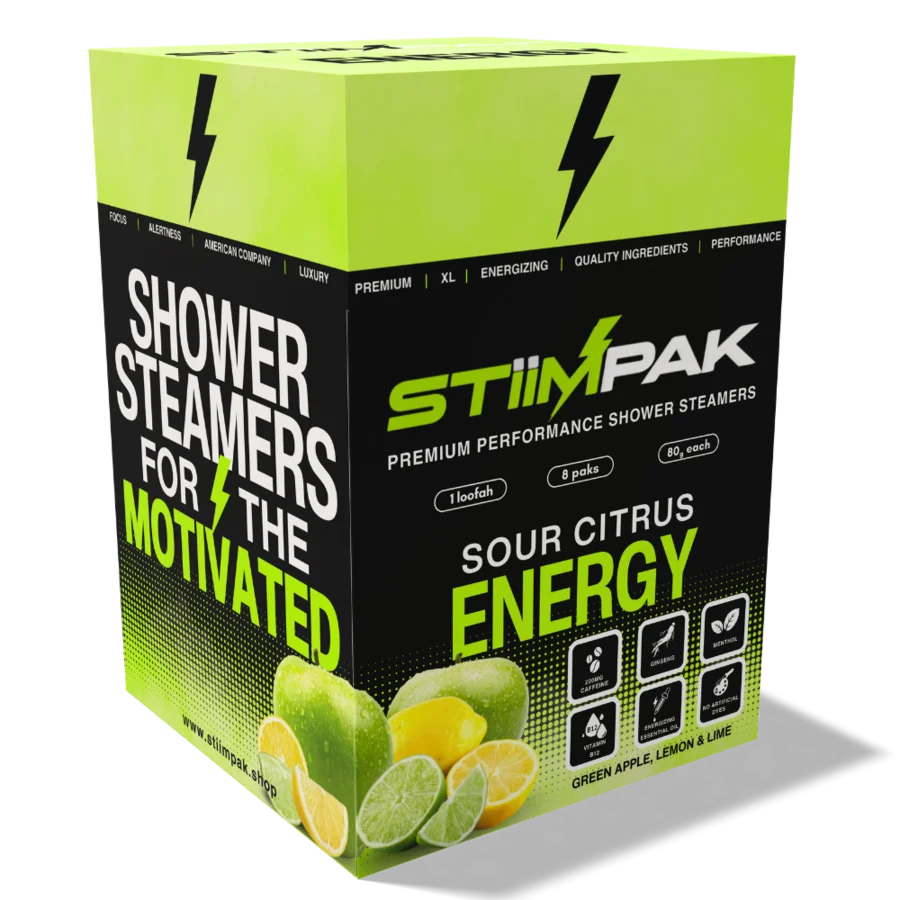 Stiimpak shower steamers packaging with green and black design