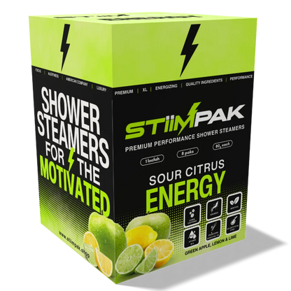 Stiimpak shower steamers packaging with green and black design