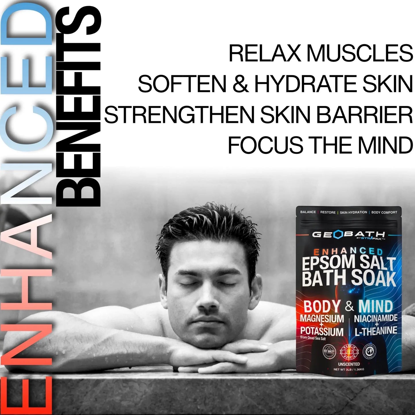 Man relaxing with a Geop bath product packaging, featuring text about product benefits.