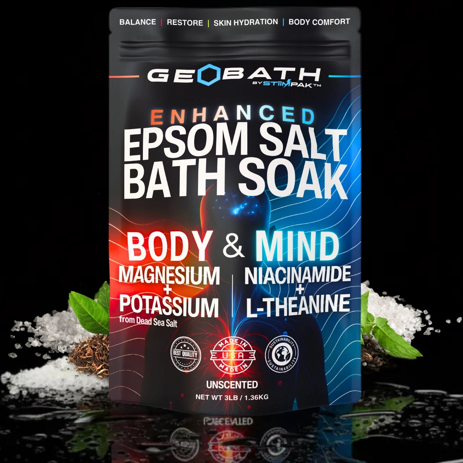 Geobath Enhanced Epsom Salt Bath Soak packaging on a dark background