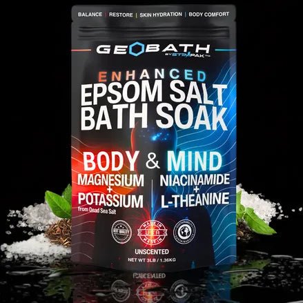 Geobath Enhanced Epsom Salt Bath Soak packaging with text and images of salt crystals and herbs.