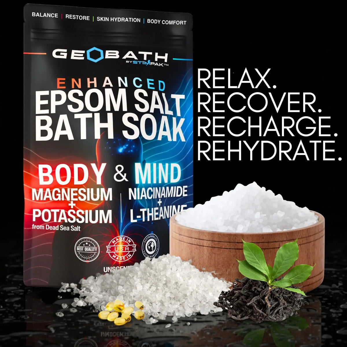Geobath Enhanced Epsom Salt Bath Soak packaging with a bowl of salt and herbs on a dark background.