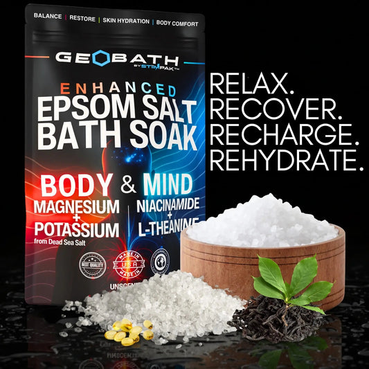 Geobath Enhanced Epsom Salt Bath Soak packaging with a bowl of salt and herbs on a dark background.