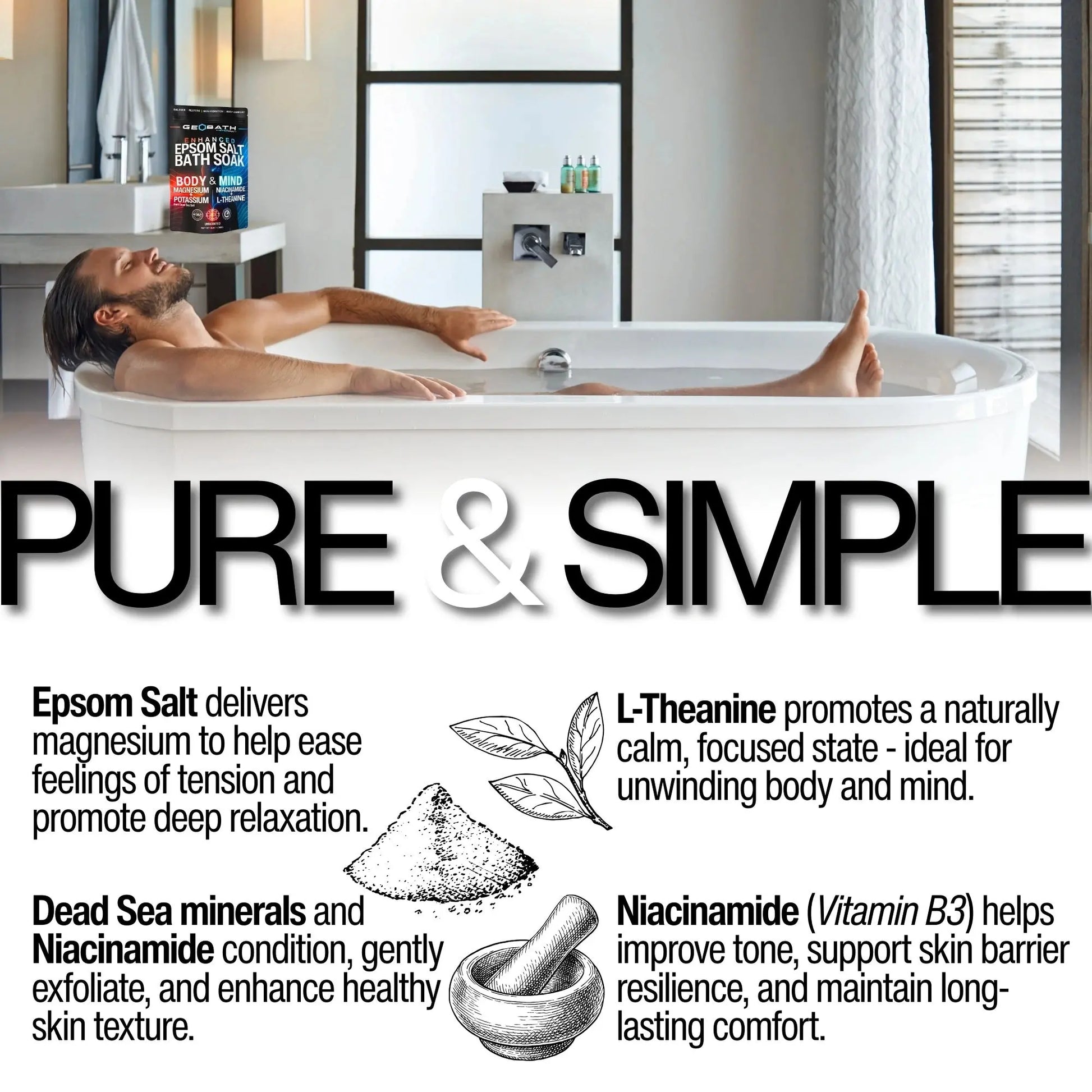 Man relaxing in a bathtub with Epsom salt and Dead Sea minerals, surrounded by text about product benefits.