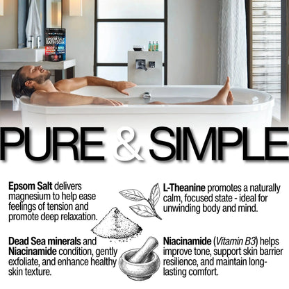 Man relaxing in a bathtub with Epsom salt and Dead Sea minerals, surrounded by text about product benefits.