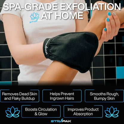 Person using a black exfoliating glove with text about spa-grade exfoliation at home.