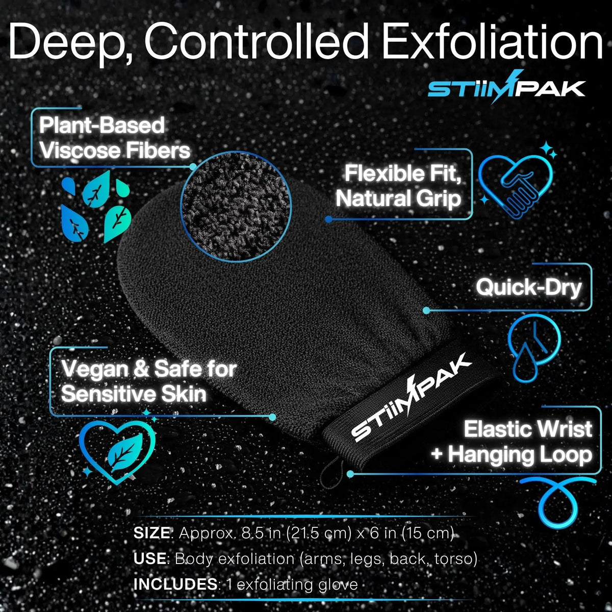 StimPak exfoliating glove with features highlighted on a black background