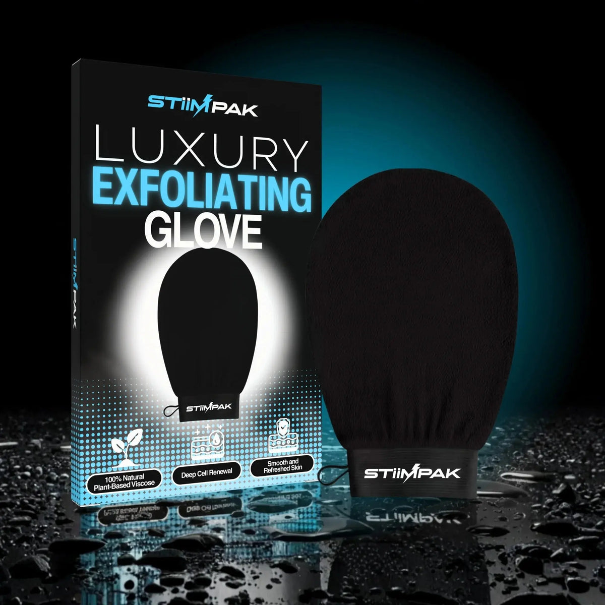StimPak Luxury Exfoliating Glove packaging with black glove on a dark background