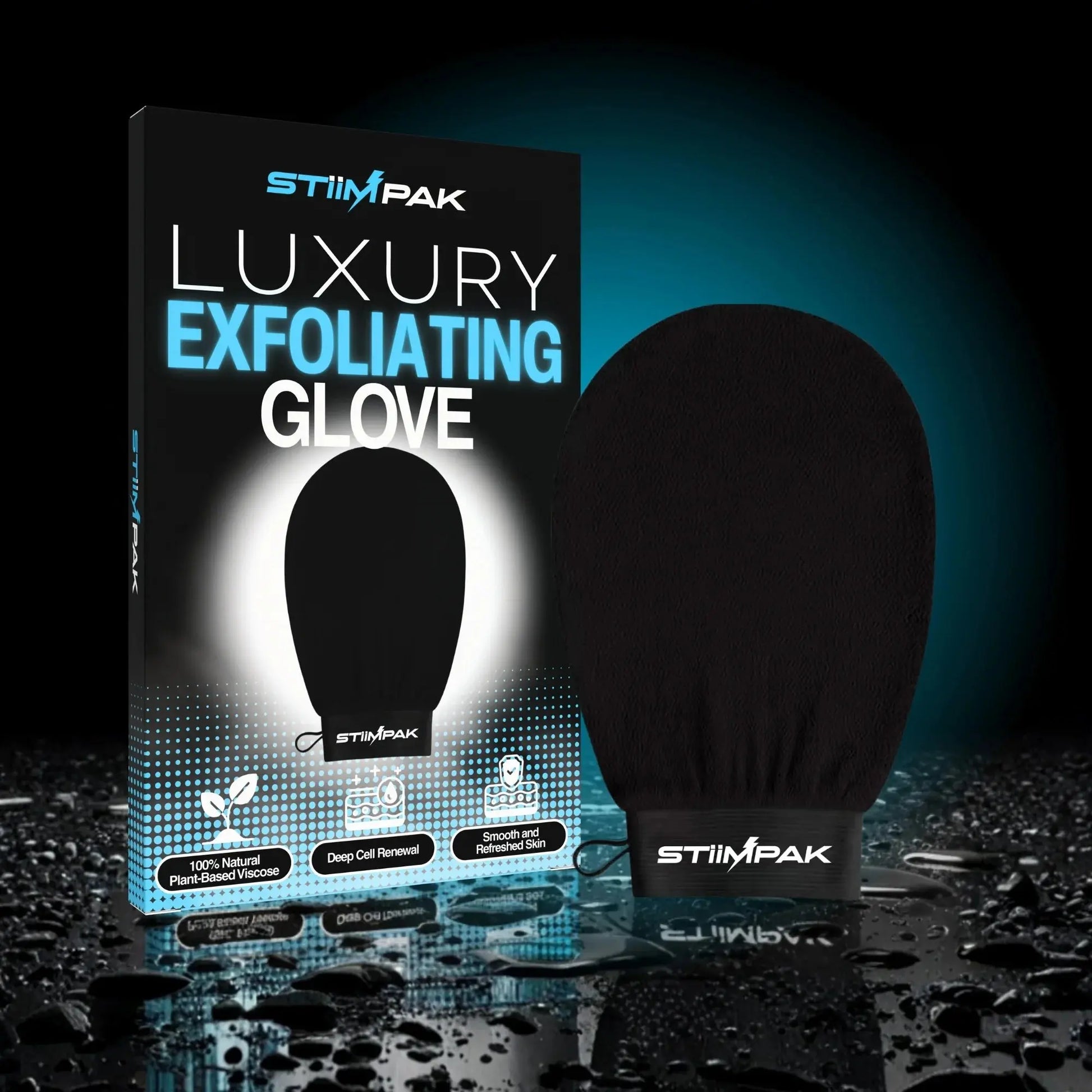 StimPak Luxury Exfoliating Glove packaging with black glove on a dark background