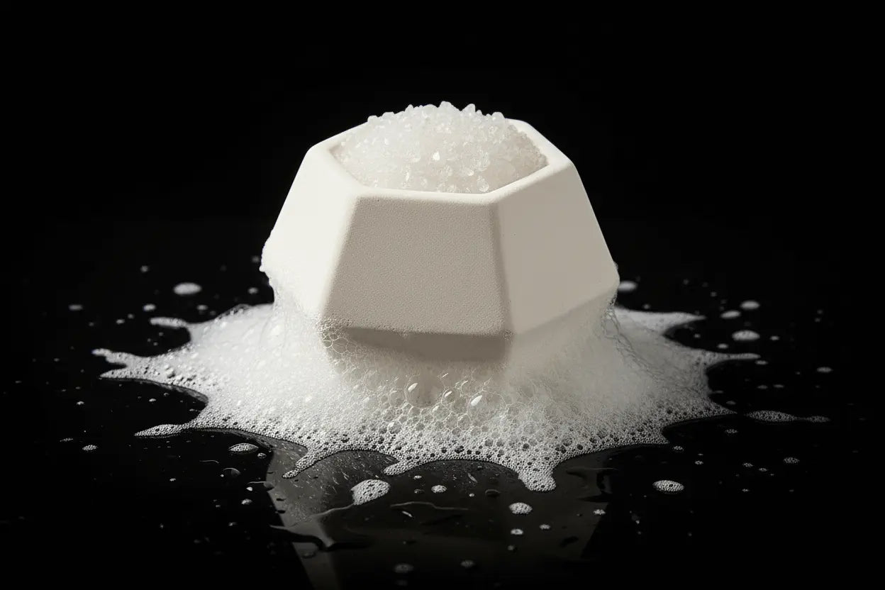 White geometric bath bomb with bubbles on a black background