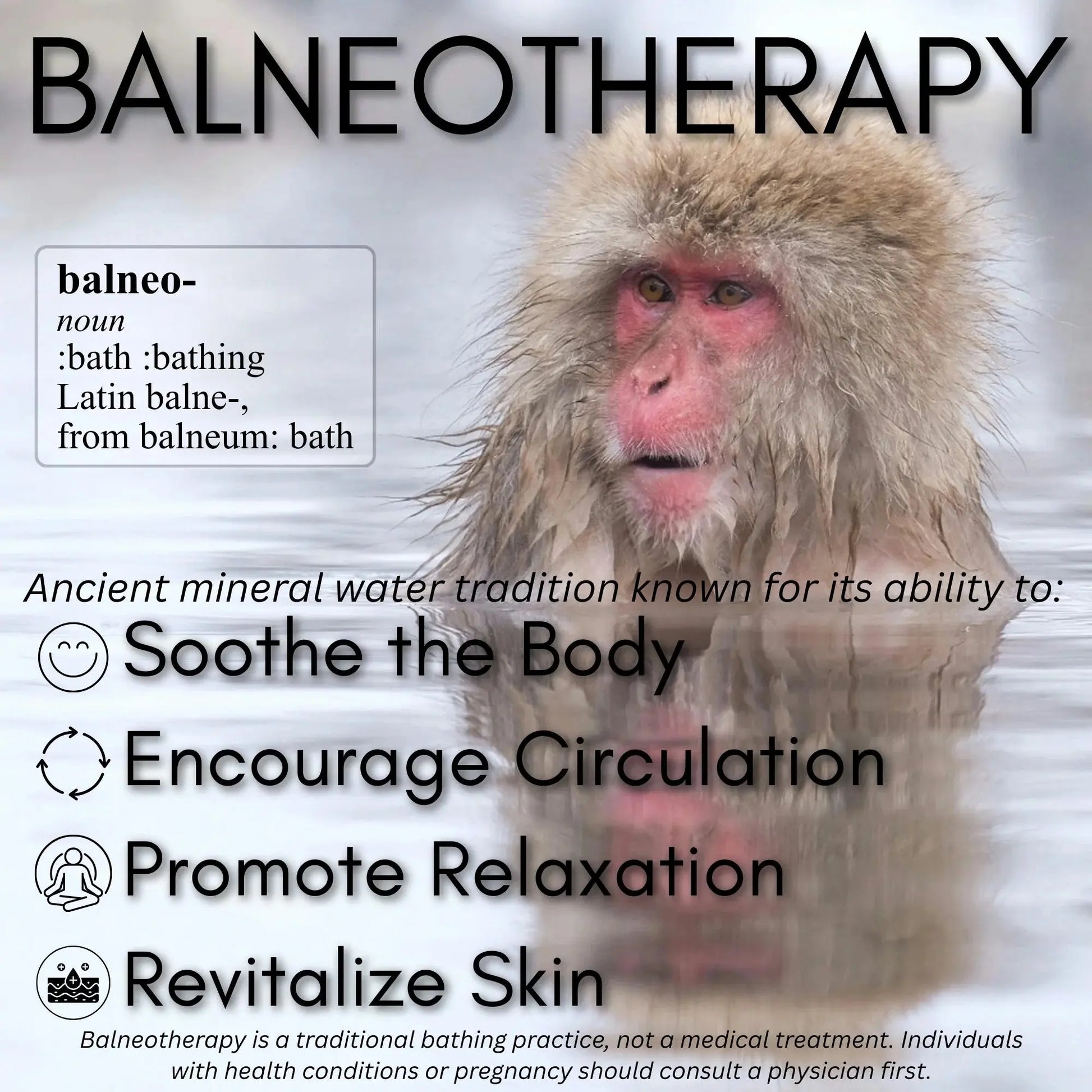 Monkey in a hot spring with text about balneotherapy and its benefits