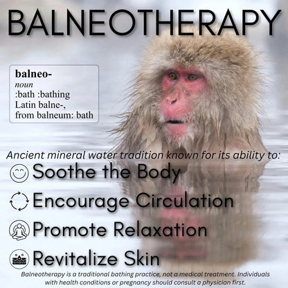 Monkey in a hot spring with text about balneotherapy and its benefits