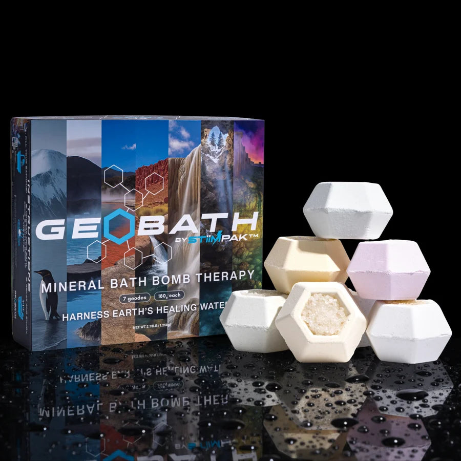 Geobath hexagonal bath bombs and package on black background