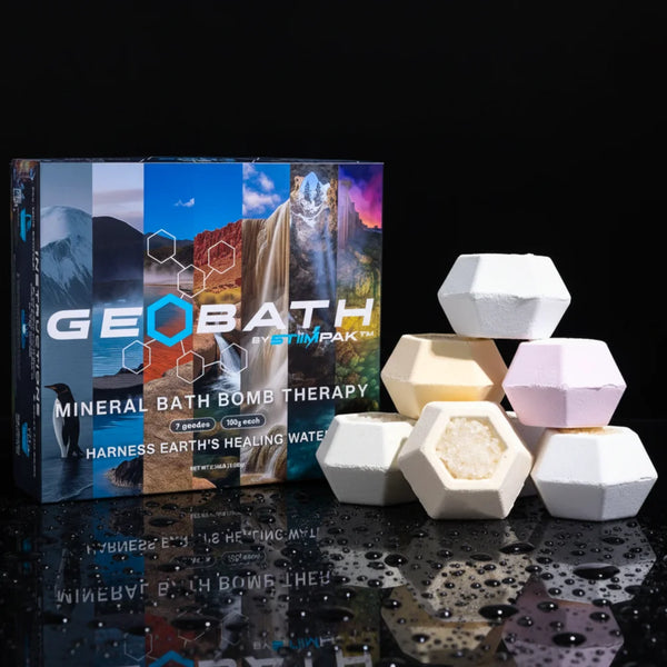 Geobath hexagonal bath bombs and package on black background