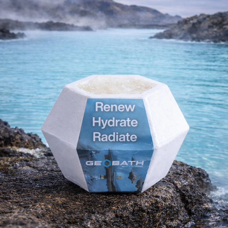 Geobath Geode Bath Bombagainst a natural background and 'renew hydrate radiate' text