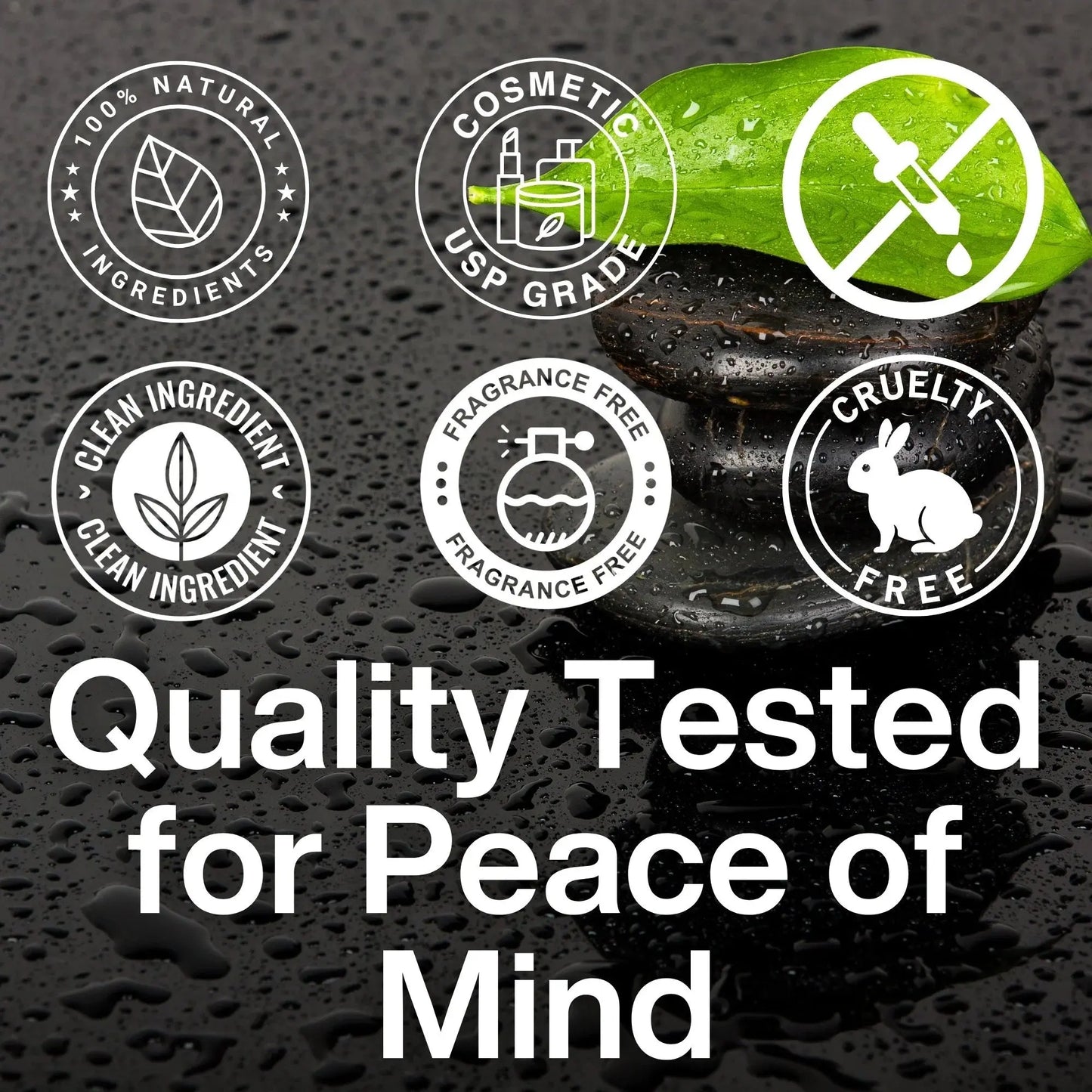 Quality and safety certification logos on a dark background.
