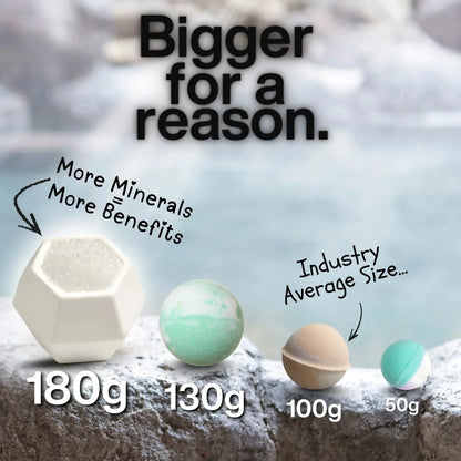 Comparison of bath bombs with text highlighting size and benefits, set against a natural stone background.