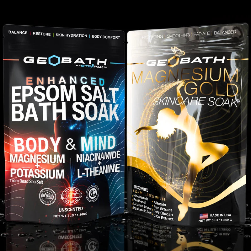 Two packages of GeoBath products on a black background
