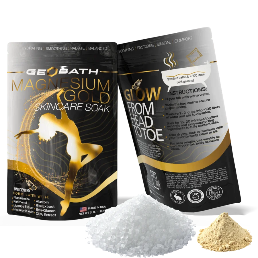 Two packages of Geobath Magnesium Gold skincare soak with white powder and golden powder
