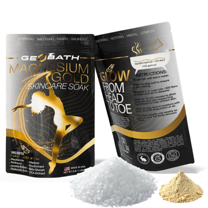 Two packages of Geobath Magnesium Gold skincare soak with white powder and golden powder