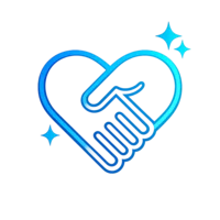 Blue icon of a handshake within a heart shape on a transparent background