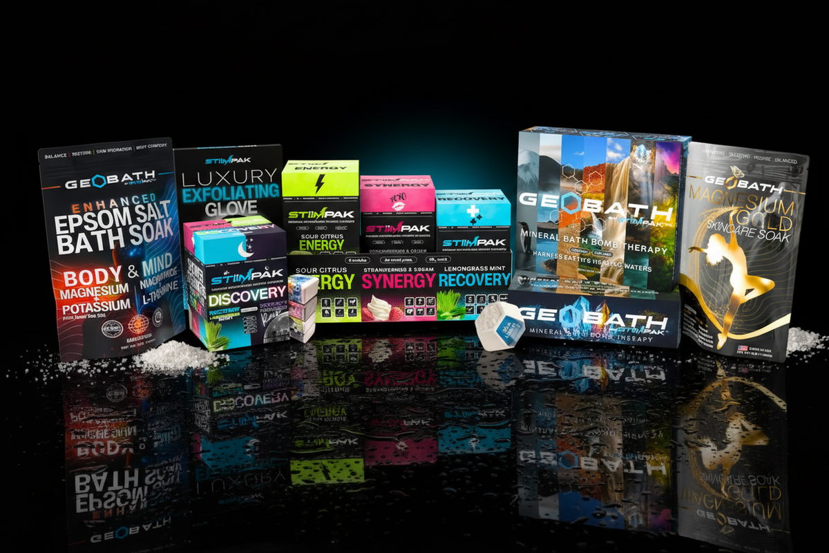 Collection of various Geobath products on a dark background