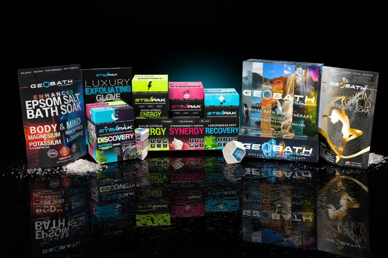 Collection of various Geobath products on a dark background