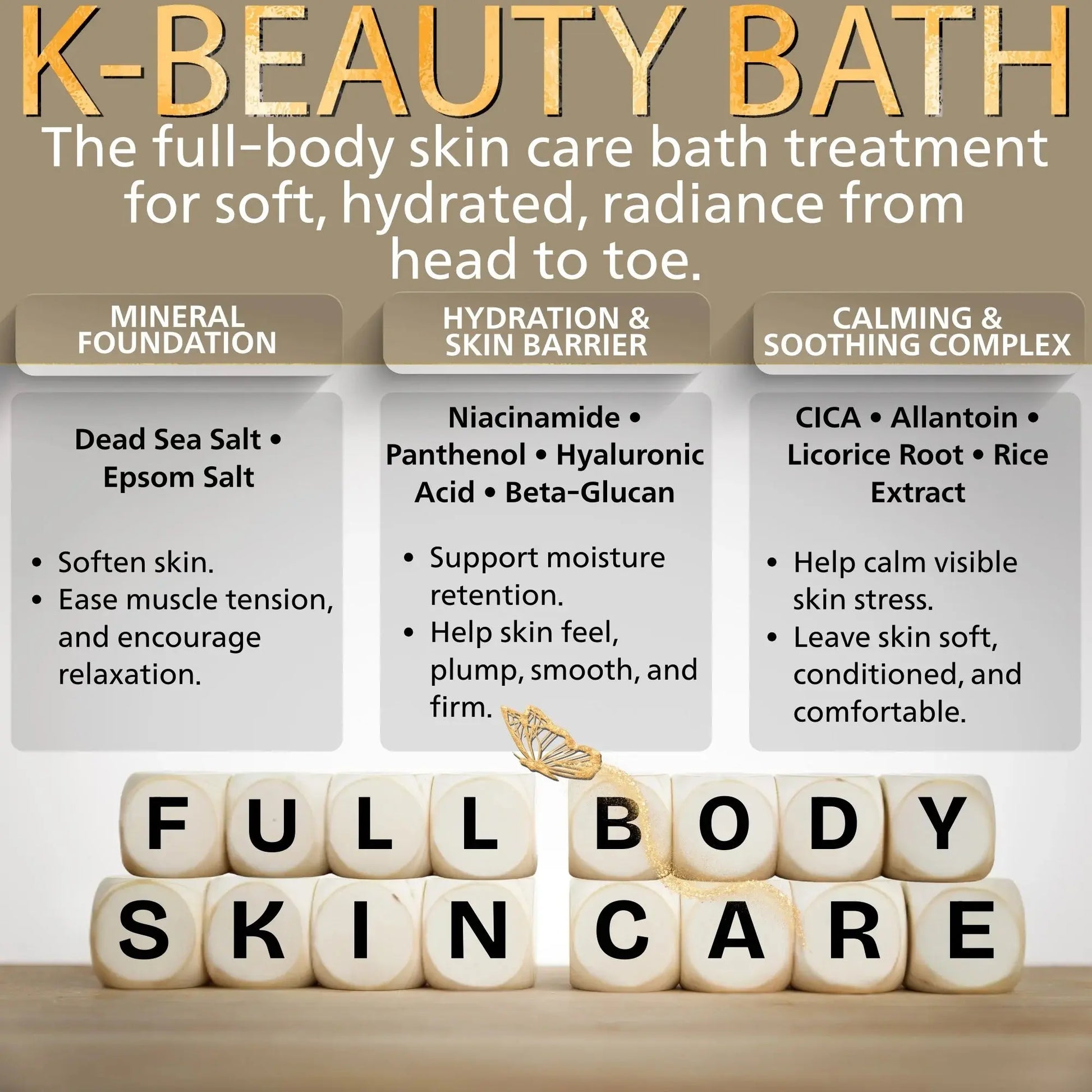 K-Beauty Bath product description with ingredients and benefits on a wooden surface.