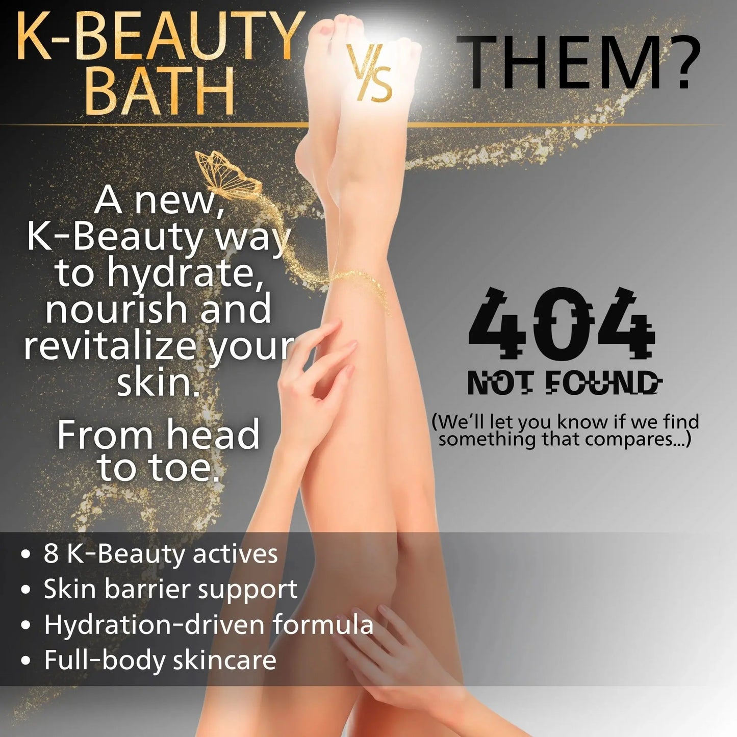 Advertisement for K-Beauty Bath product with text and a person's legs.