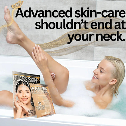 Woman in a bathtub with 'Glass Skin' bath sox packaging, promoting advanced skin care.