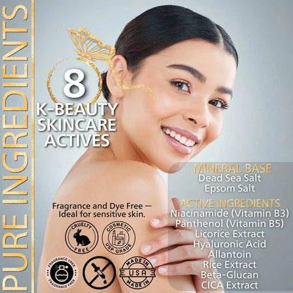 Woman with clean skin and 8 K-beauty skincare actives displayed on a gray background