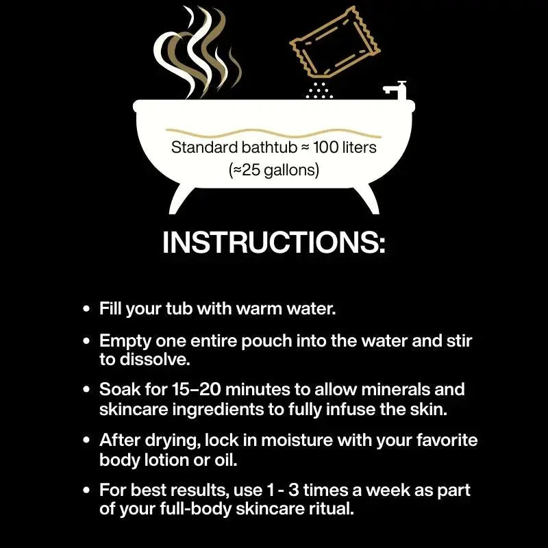 Instructions for using a bath soak pouch in a bathtub with a bathtub illustration and text on a black background.