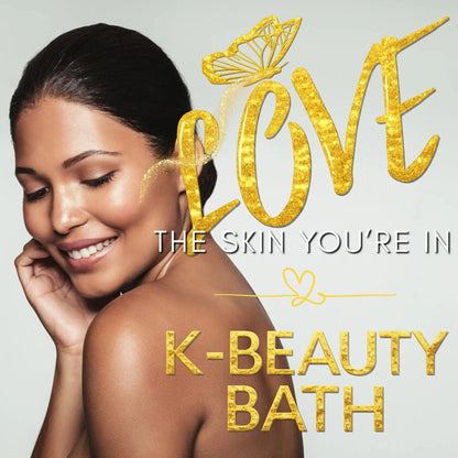 Advertisement for K-Beauty Bath with a woman and gold text on a light gray background
