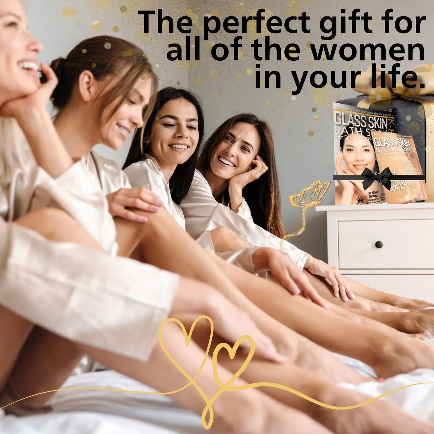 Four women sitting together with a product box labeled 'Glass Skin' in the background.