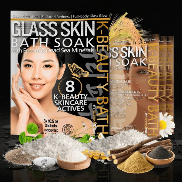 K-Beauty bath soak packaging with ingredients on a reflective surface