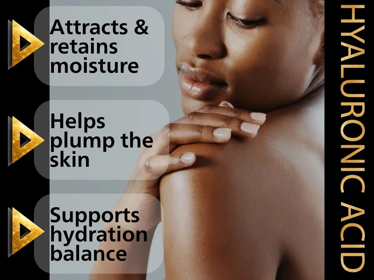 Woman with hand on shoulder, text about hyaluronic acid benefits