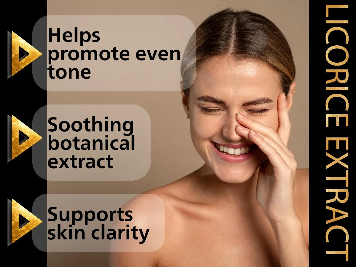 Woman with a smooth skin texture on a beige background with text about licorice extract benefits.