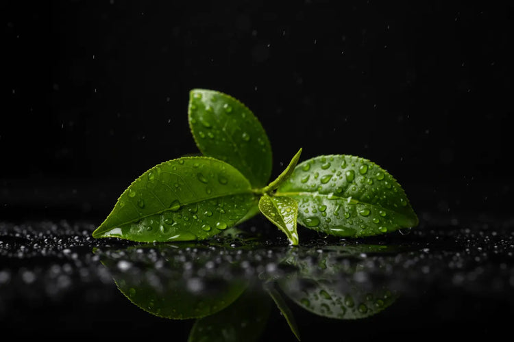 Green leaves with water droplets on a reflective black surface